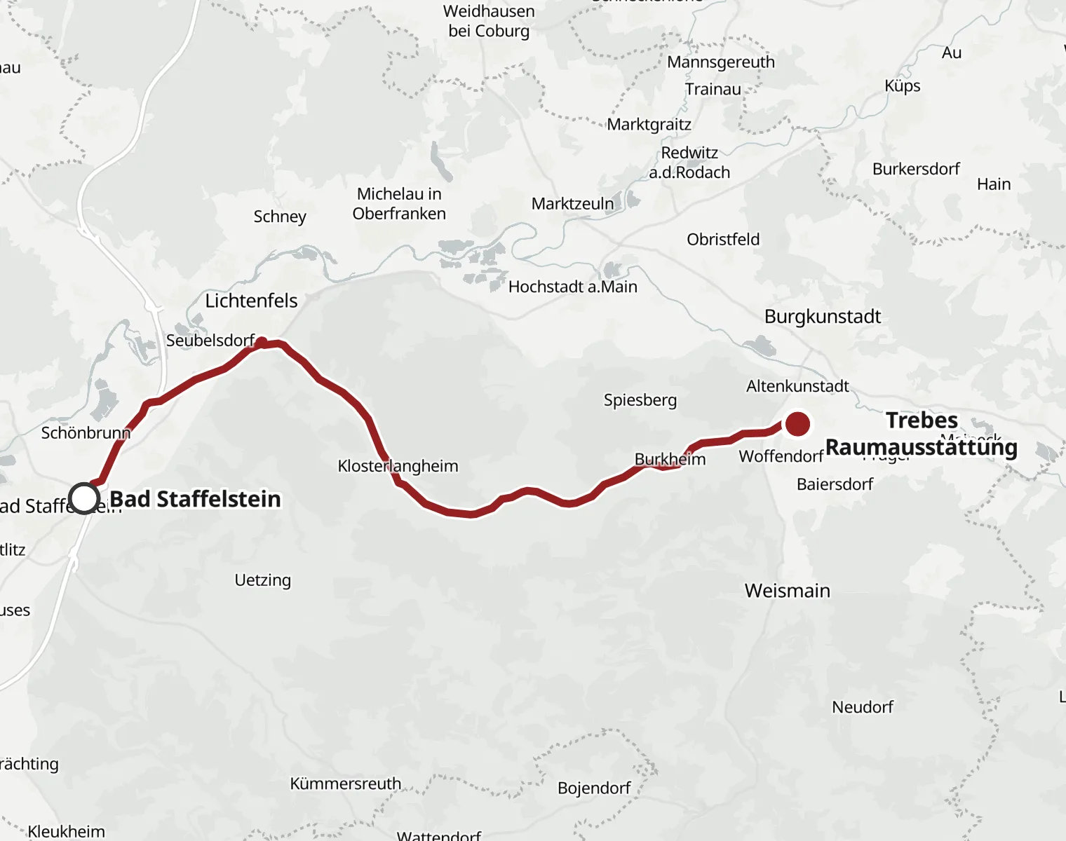 Karte: Route von Bad Staffelstein über Lichtenfels nach Altenkunstadt zu Trebes Raumausstattung