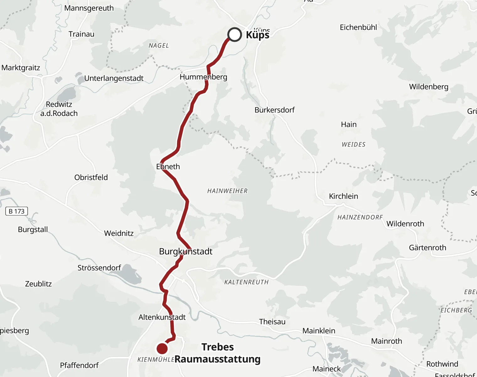 Karte: Route von Küps über Burgkunstadt nach Altenkunstadt zu Trebes Raumausstattung