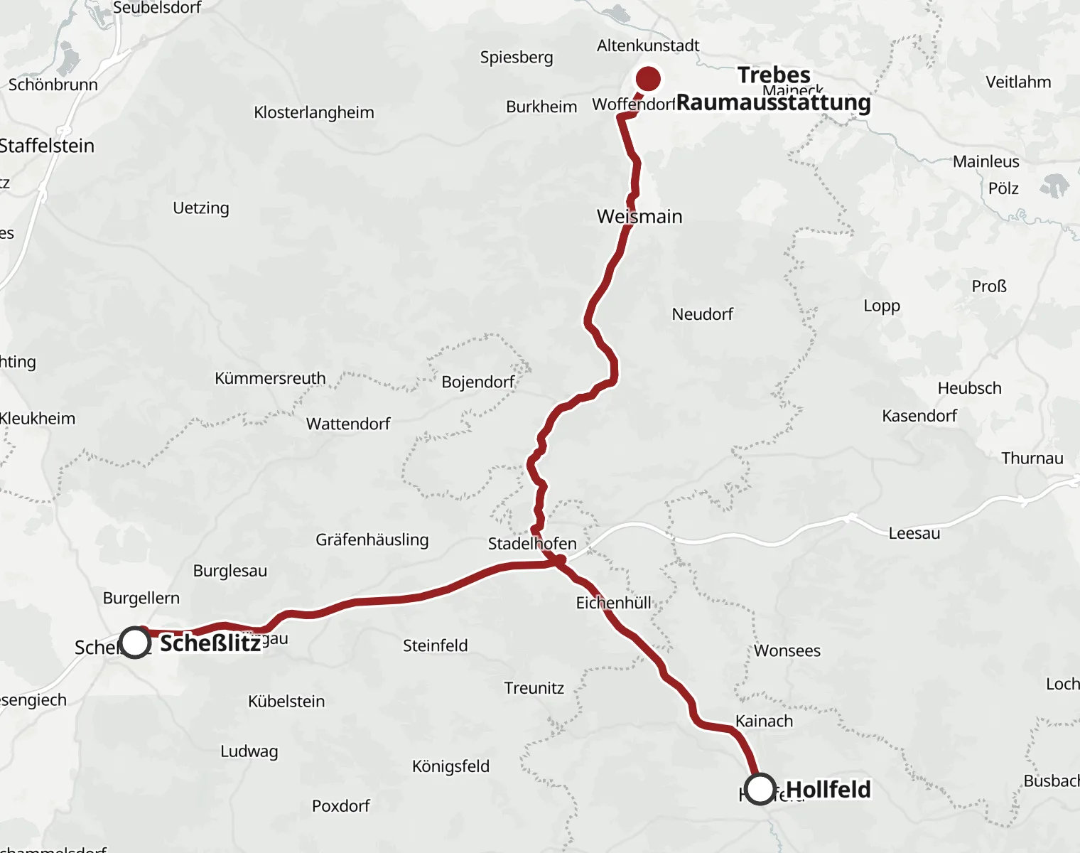 Karte: Route von Scheßlitz und Hollfeld über Weismain nach Altenkunstadt zu Trebes Raumausstattung