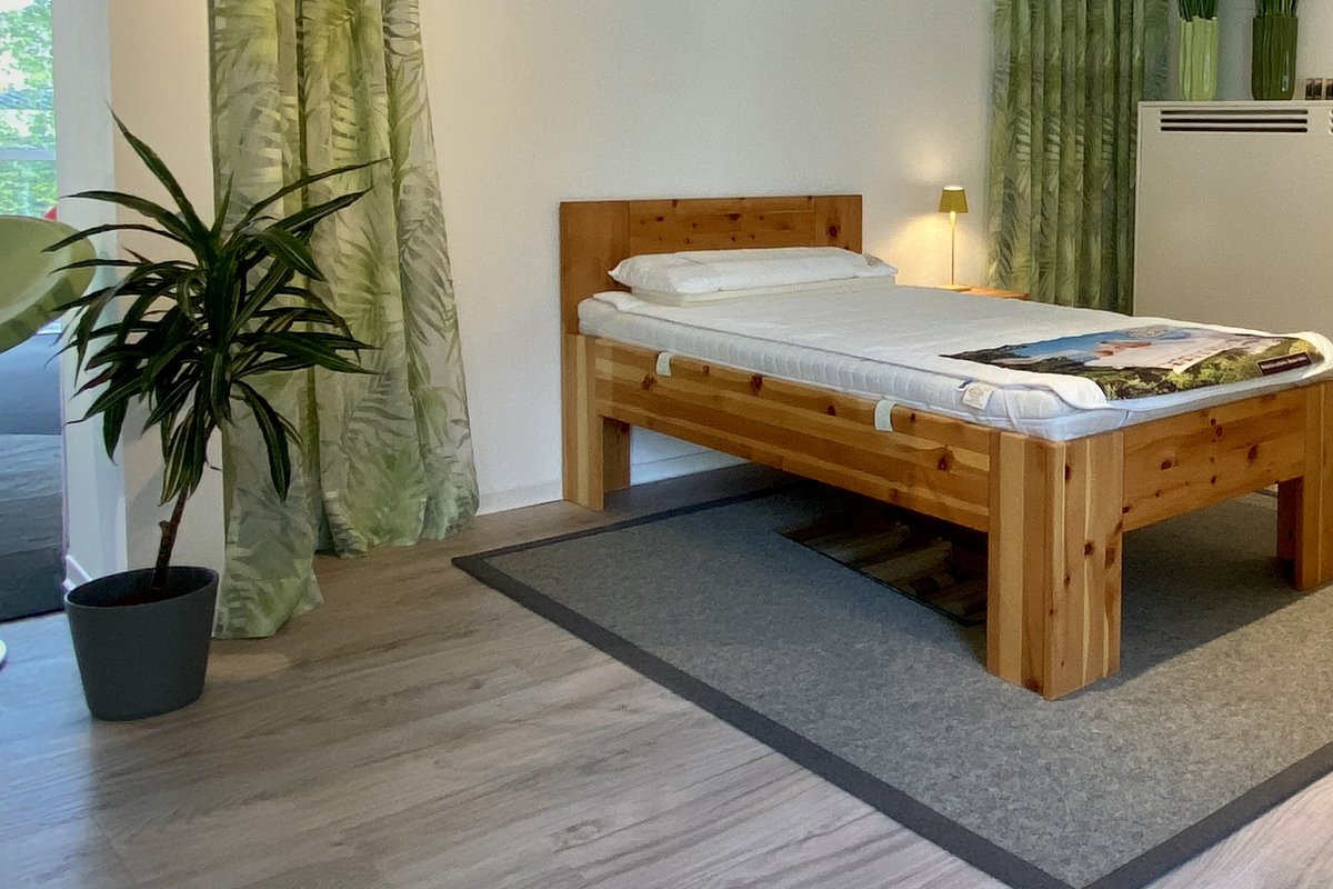 Relax-2000-Bett auf grauem Teppich, daneben eine Zimmerpflanze
